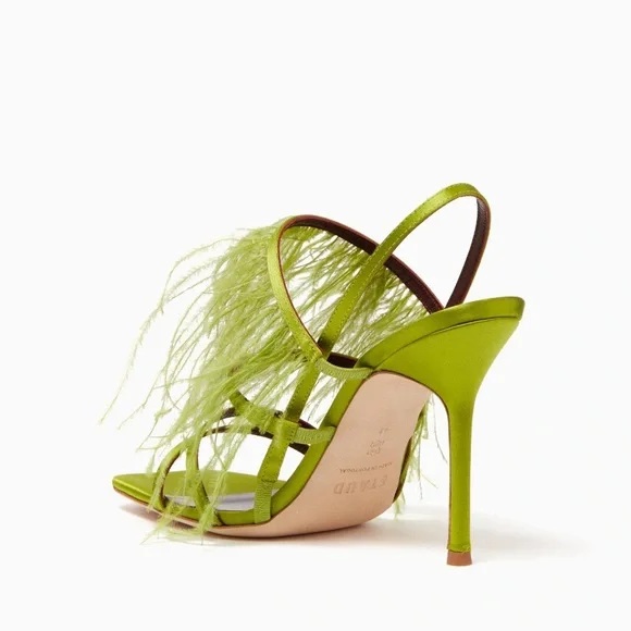 NWOT Staud Anise Feather-Trimmed Satin Heeled Sandals in Lime Green Size EU 36 - Picture 4 of 14